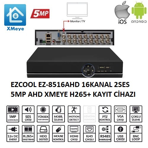 EZCOOL EZ-8516AHD 16KANAL 2SES 5MP 1HDD XMEYE XVR